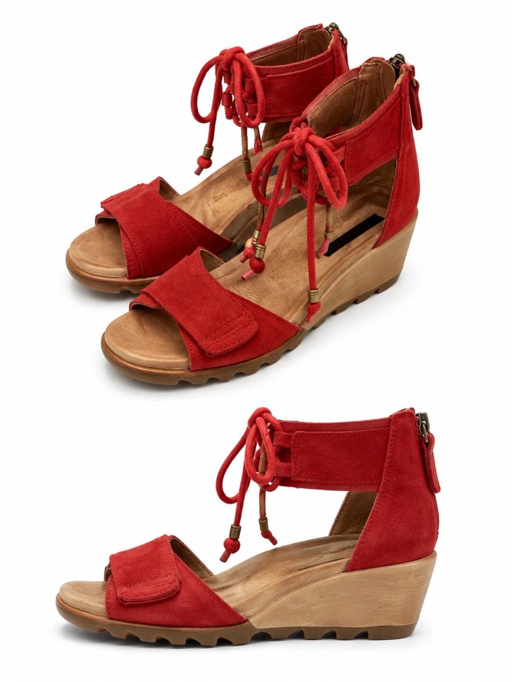 Sorel Red Suede Lace-Up Ankle Wedge Sandals